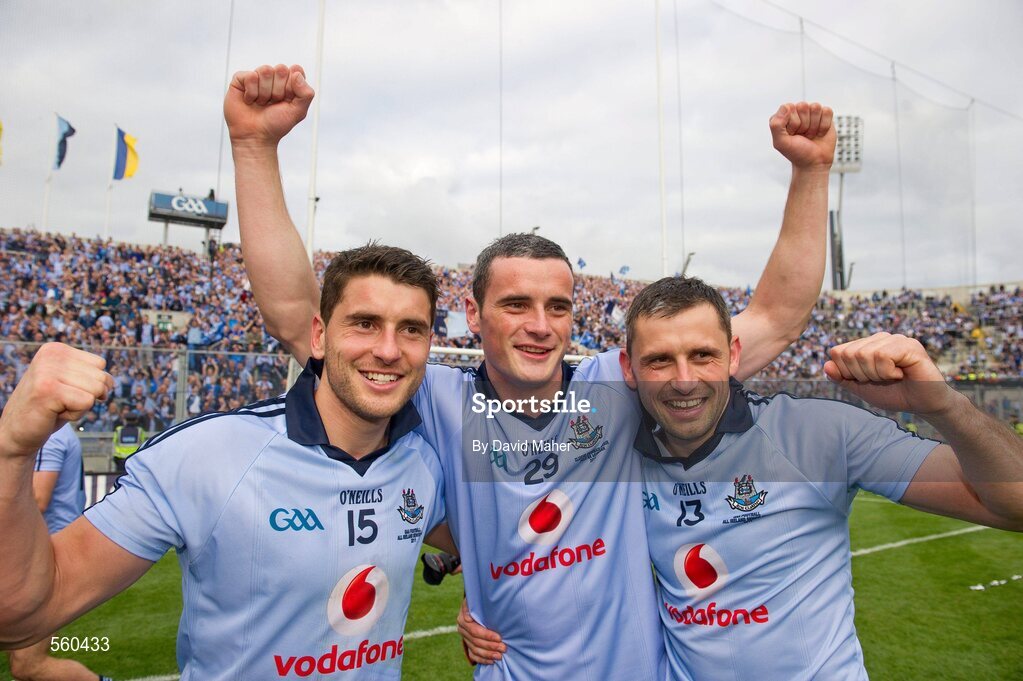18 September 2011; The Brogan brothers, left to right, Bernard, Paul and Alan celebrate at the end of the game. GAA Football All-Ireland Senior Championship Final, Kerry v Dublin, Croke Park, Dublin. Picture credit: David Maher / SPORTSFILE