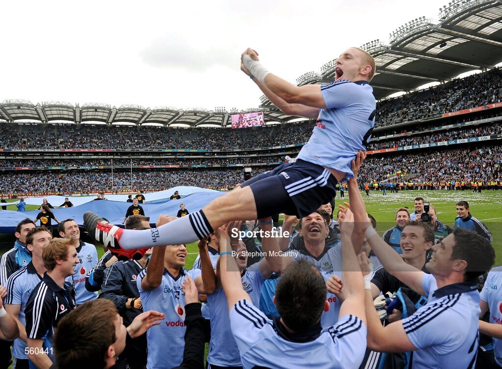 18 September 2011; Eoghan O'Gara, Dublin, is thrown in the air by team-mates following their victory. GAA Football All-Ireland Senior Championship Final, Kerry v Dublin, Croke Park, Dublin. Picture credit: Stephen McCarthy / SPORTSFILE