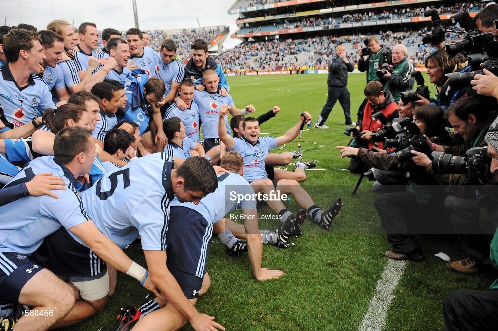 18 September 2011; Dublin's Kevin McManamon, right, joins his team-mates for a team photograph after the match. GAA Football All-Ireland Senior Championship Final, Kerry v Dublin, Croke Park, Dublin. Picture credit: Brian Lawless / SPORTSFILE