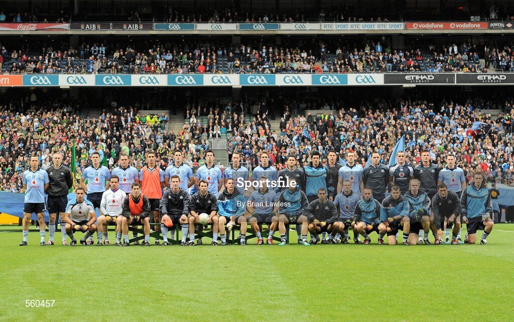 18 September 2011; The Dublin squad, back row, left to right, Paul Conlon, Eoghan O’Gara, Diarmuid Connolly, Paul Casey, James McCarthy, Ross McConnell, Michael Darragh Macauley, Barry Cahill, Michael Fitzsimons, Bernard Brogan, Cian O’Sullivan, Éamon Fennell, Denis Bastick, Declan Lally, Paul Brogan, Michael McCarthy, and Philip McMahon, front row, left to right, Craig Dias, Ger Brennan, Rory O’Carroll, Kevin Nolan, Bryan Cullen, Stephen Cluxton, Paul Flynn, Alan Brogan, David Henry, Tomás Quinn, Dean Kelly, Kevin McManamon, Seán Murray, Ross O’Carroll, and Michael Savage.­. GAA Football All-Ireland Senior Championship Final, Kerry v Dublin, Croke Park, Dublin. Picture credit: Brian Lawless / SPORTSFILE