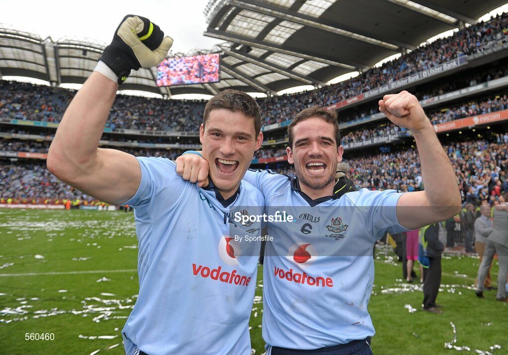 18 September 2011; Diarmuid Connolly, left, and Ger Brennan, Dublin, celebrate after the game. GAA Football All-Ireland Senior Championship Final, Kerry v Dublin, Croke Park, Dublin. Photo by Sportsfile