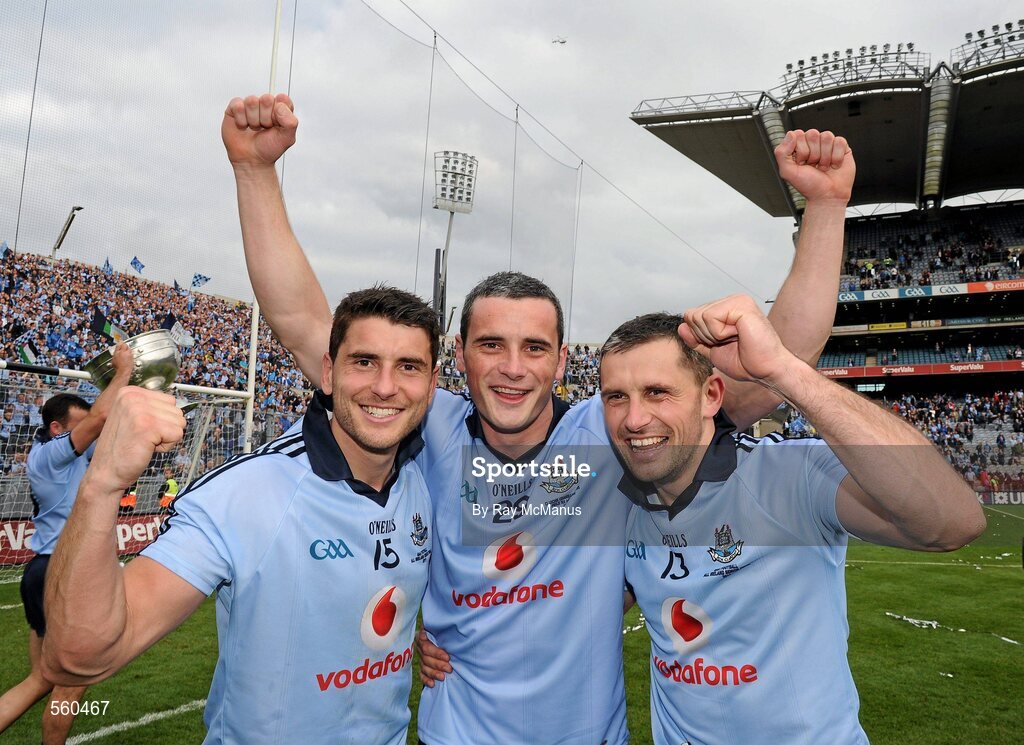18 September 2011; The Brogan brothers Bernard, Paul and Alan Brogan celebrate after the game. GAA Football All-Ireland Senior Championship Final, Kerry v Dublin, Croke Park, Dublin. Picture credit: Ray McManus / SPORTSFILE