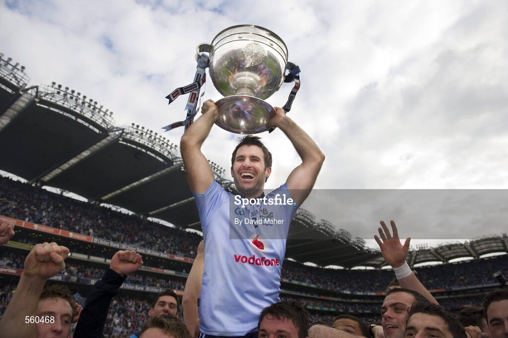 18 September 2011; Dublin captain Bryan Cullen is lifted shoulder high in front of Hill 16 as the Dublin team celebrate at the end of the game. GAA Football All-Ireland Senior Championship Final, Kerry v Dublin, Croke Park, Dublin. Picture credit: David Maher / SPORTSFILE