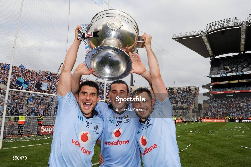 18 September 2011; The Brogan brothers Bernard, Paul and Alan Brogan celebrate with the Sam Maguire. GAA Football All-Ireland Senior Championship Final, Kerry v Dublin, Croke Park, Dublin. Picture credit: Ray McManus / SPORTSFILE
