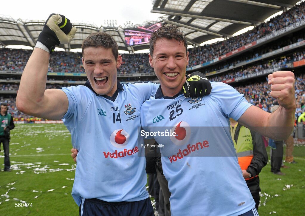 18 September 2011; Diarmuid Connolly, left, and Éamon Fennell, Dublin, celebrate after the game. GAA Football All-Ireland Senior Championship Final, Kerry v Dublin, Croke Park, Dublin. Photo by Sportsfile