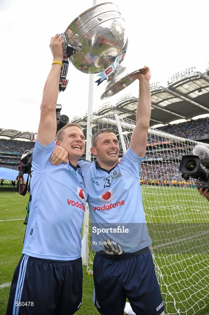 18 September 2011; Tomas Quinn, left, and Alan Brogan, Dublin, celebrate after the game. GAA Football All-Ireland Senior Championship Final, Kerry v Dublin, Croke Park, Dublin. Photo by Sportsfile