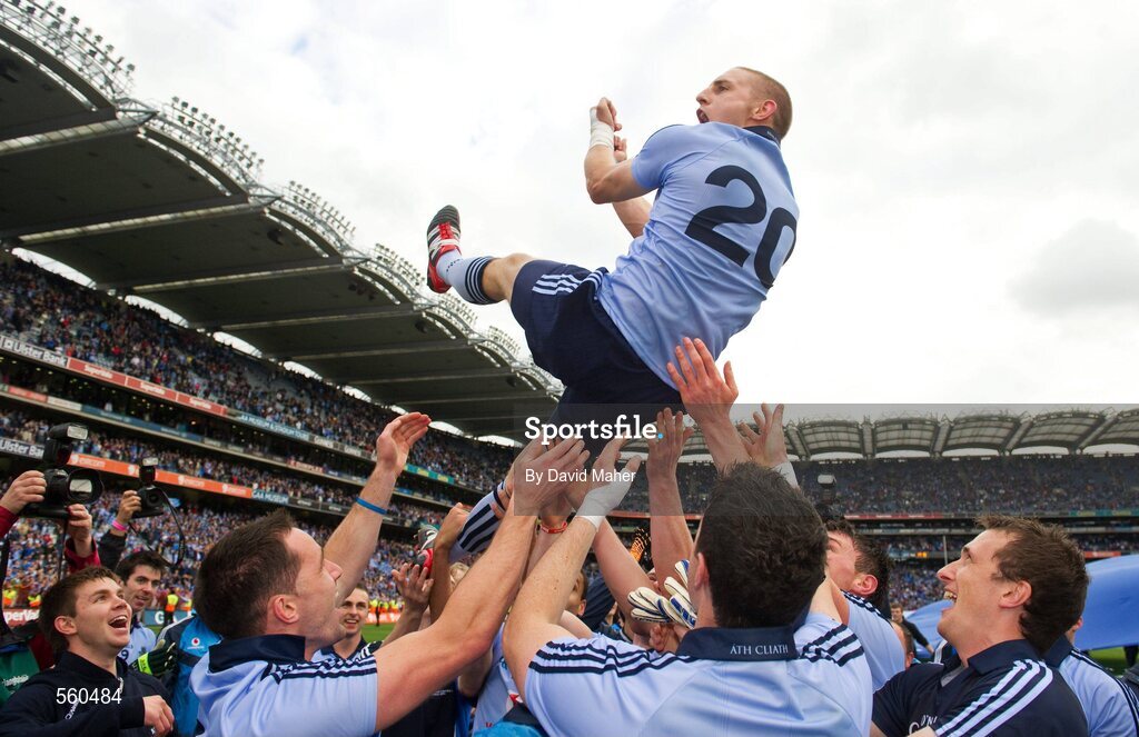 18 September 2011; Eoghan O'Gara, Dublin, is lifted shoulder high by his team-mate's the end of the game. GAA Football All-Ireland Senior Championship Final, Kerry v Dublin, Croke Park, Dublin. Picture credit: David Maher / SPORTSFILE