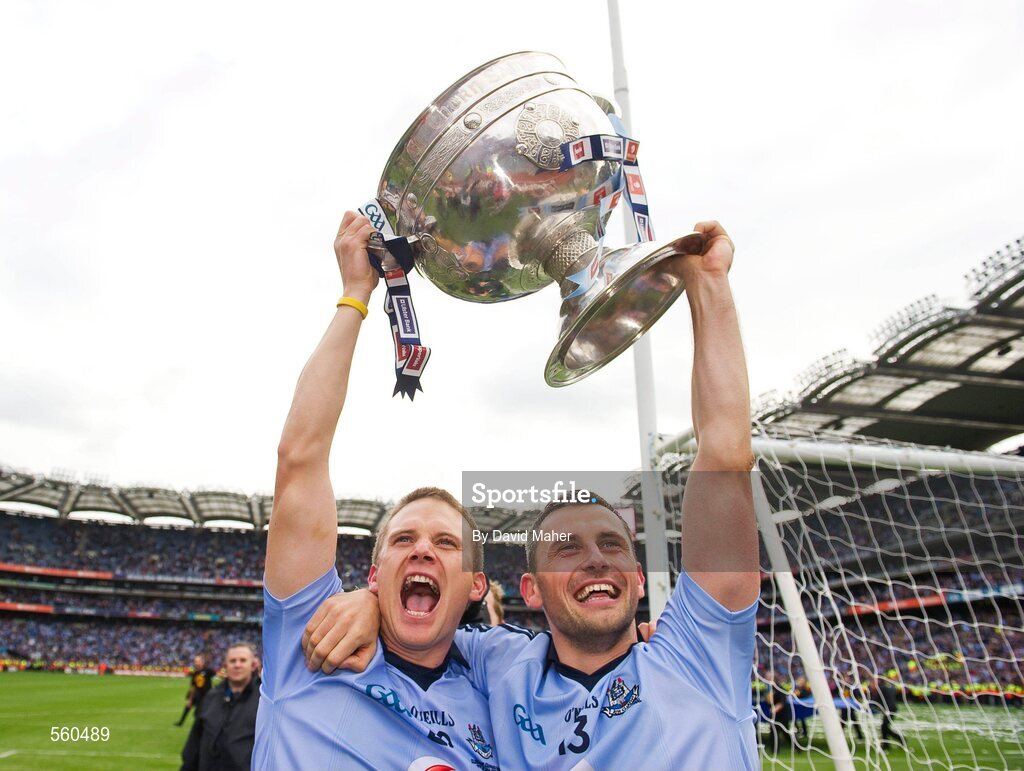 18 September 2011; Tomas Quinn, left, and Alan Brogan, Dublin, celebrate at the end of the game. GAA Football All-Ireland Senior Championship Final, Kerry v Dublin, Croke Park, Dublin. Picture credit: David Maher / SPORTSFILE