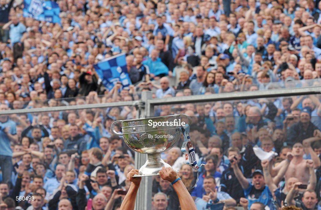 18 September 2011; The Sam Maguire cup is held aloft in front of Hill 16 after the game. GAA Football All-Ireland Senior Championship Final, Kerry v Dublin, Croke Park, Dublin. Photo by Sportsfile