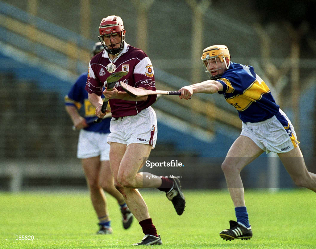 14 April 2002; Declan O'Brien of Galway in action against John Carroll of Tipperary during the Allianz National Hurling League Quarter-Final match between Galway and Tipperary at Semple Stadium in Thurles, Tipperary. Photo by Brendan Moran/Sportsfile