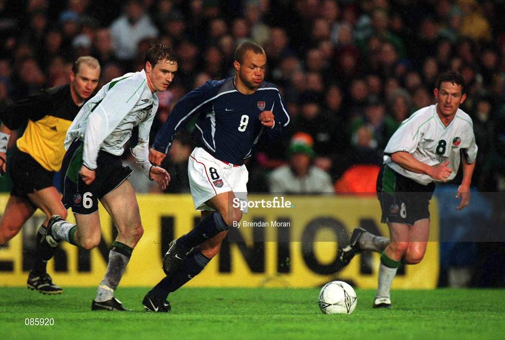 17 April 2002; Earnie Stewart of USA in action against Colin Healy of Republic of Ireland during the International Friendly match between Republic of Ireland and USA at Lansdowne Road in Dublin. Photo by Brendan Moran/Sportsfile