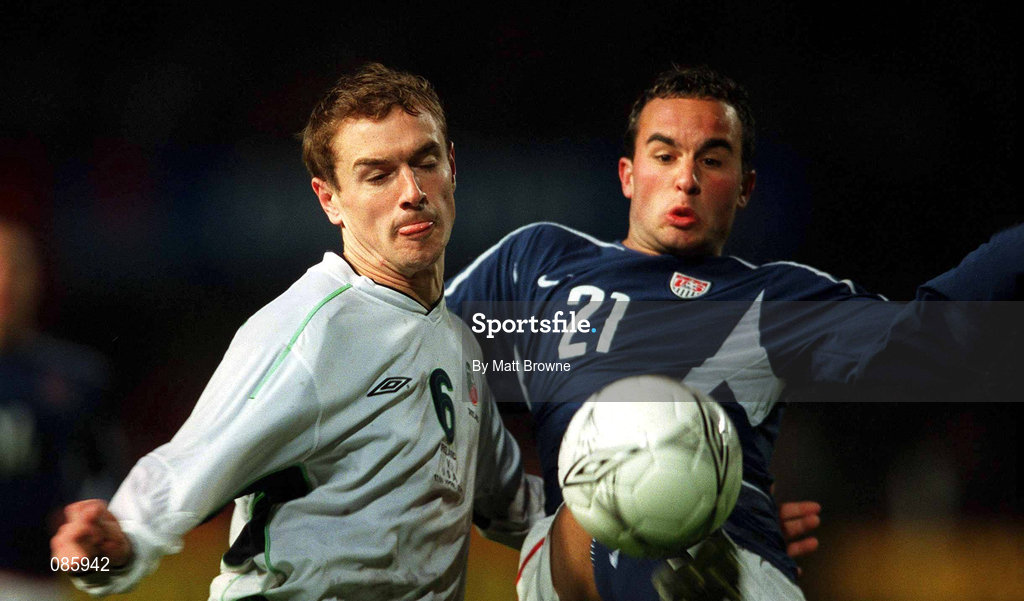 17 April 2002; Colin Healy of Republic of Ireland in action against Landon Donovan of USA during the International Friendly match between Republic of Ireland and USA at Lansdowne Road in Dublin. Photo by Matt Browne/Sportsfile