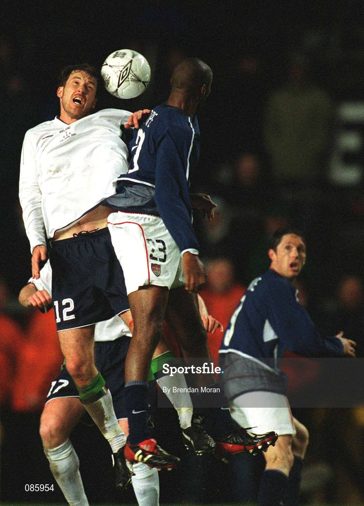 17 April 2002; Kenny Cunningham of Republic of Ireland in action against Eddie Pope of USA during the International Friendly match between Republic of Ireland and USA at Lansdowne Road in Dublin. Photo by Brendan Moran/Sportsfile