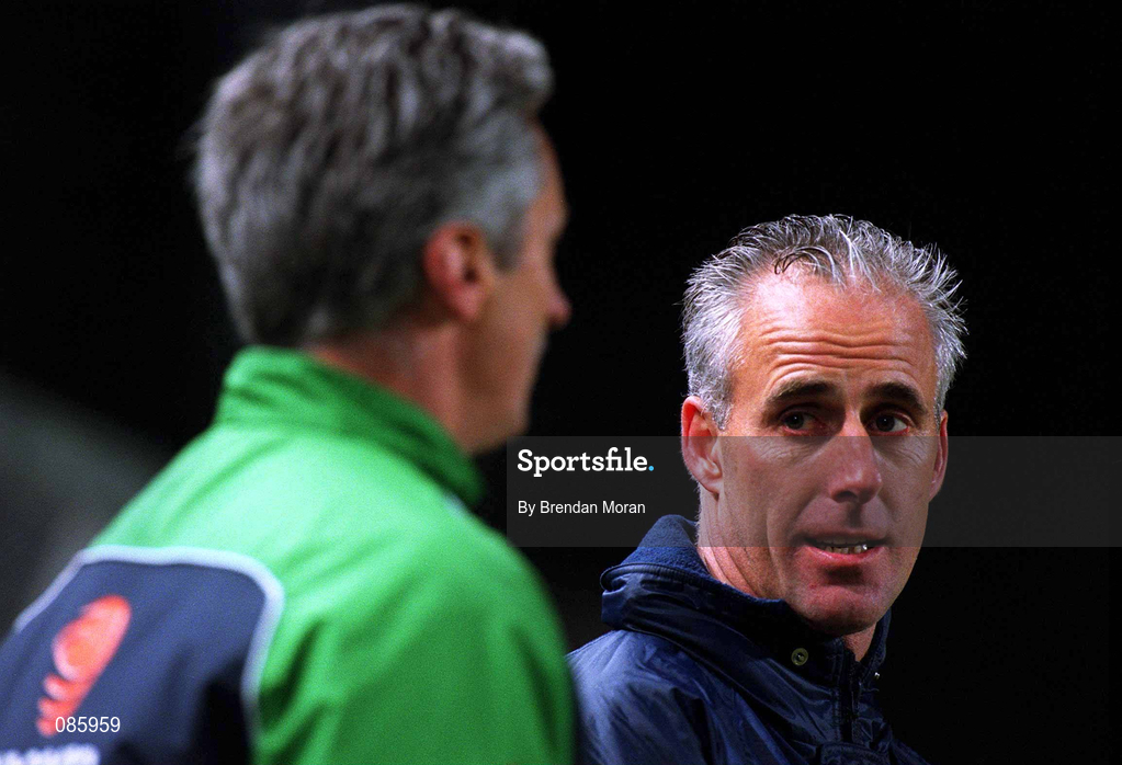 17 April 2002; Republic of Ireland manager Mick McCarthy, right, speaks to his assistant Ian Evans during the International Friendly match between Republic of Ireland and USA at Lansdowne Road in Dublin. Photo by Brendan Moran/Sportsfile