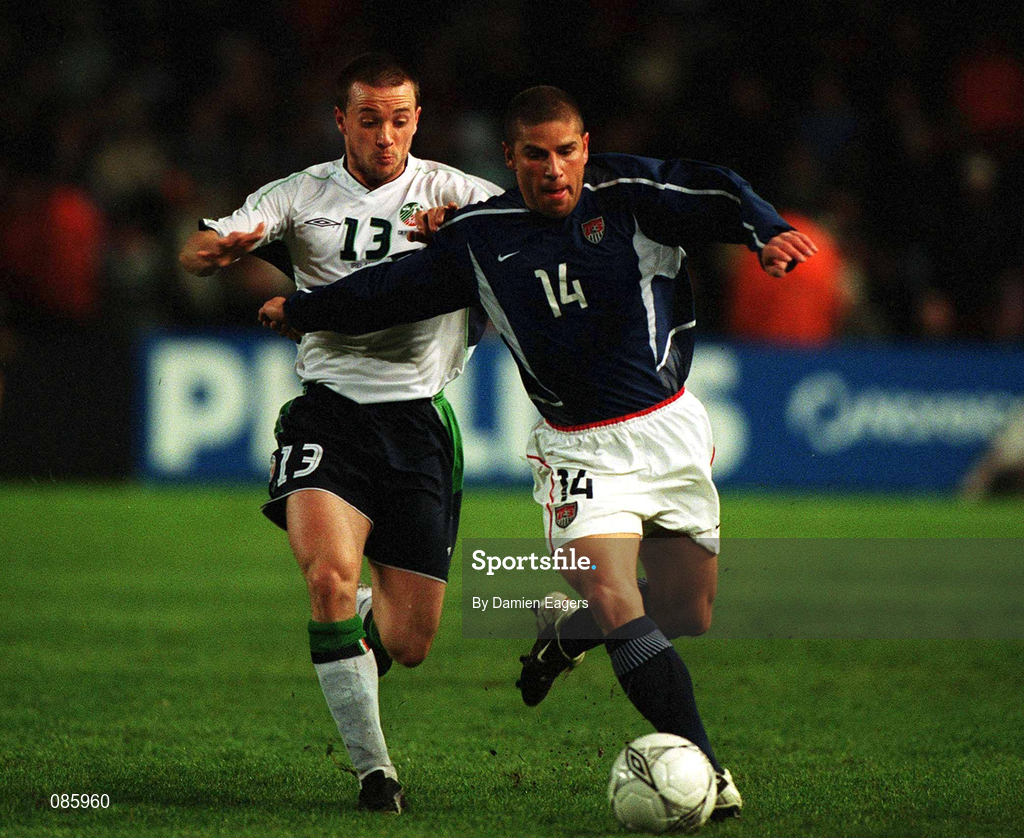 17 April 2002; Chris Armas of USA in action against David Connolly of Republic of Ireland during the International Friendly match between Republic of Ireland and USA at Lansdowne Road in Dublin. Photo by Damien Eagers/Sportsfile