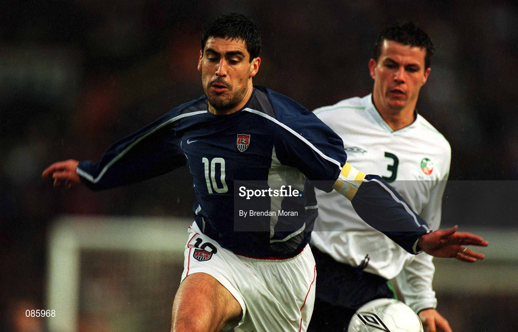 17 April 2002; Claudio Reyna of USA in action against Ian Harte of Republic of Ireland during the International Friendly match between Republic of Ireland and USA at Lansdowne Road in Dublin. Photo by Brendan Moran/Sportsfile