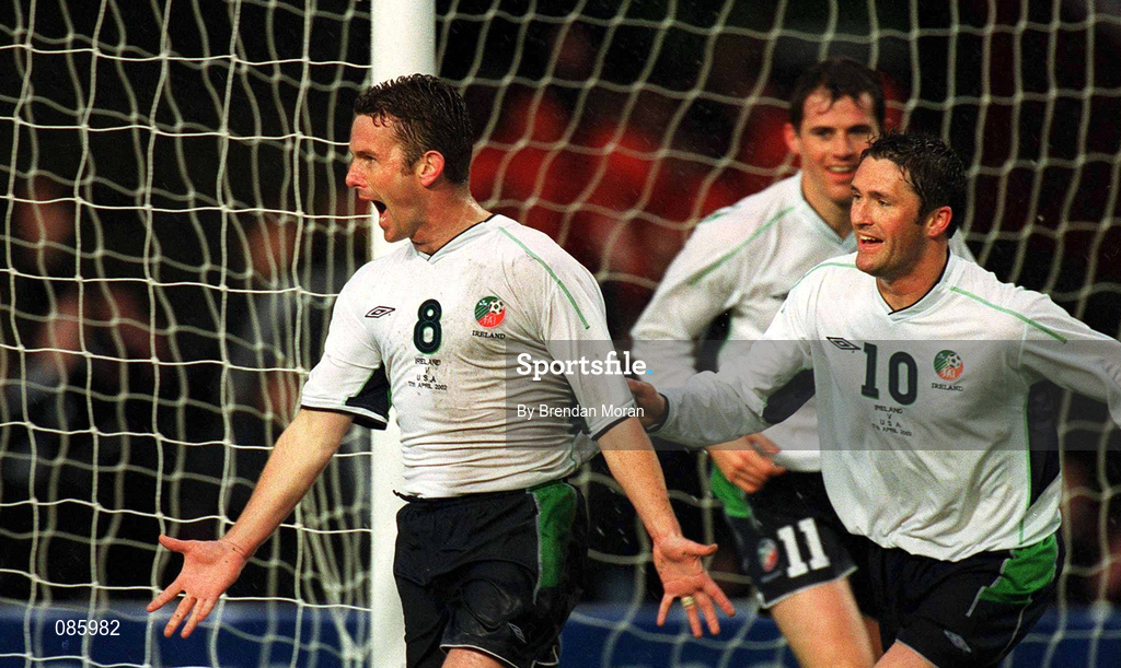 17 April 2002;  Mark Kinsella of Republic of Ireland, 8, celebrates his goal with team-mates Robbie Keane, 10 and Kevin Kilbane after scoring his side's first goal during the International Friendly match between Republic of Ireland and USA at Lansdowne Road in Dublin. Photo by Brendan Moran/Sportsfile