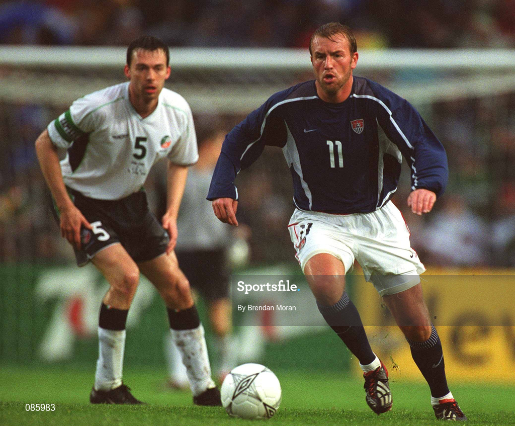 17 April 2002; Clint Mathis of USA gets past Gary Breen of Republic of Ireland during the International Friendly match between Republic of Ireland and USA at Lansdowne Road in Dublin. Photo by Brendan Moran/Sportsfile