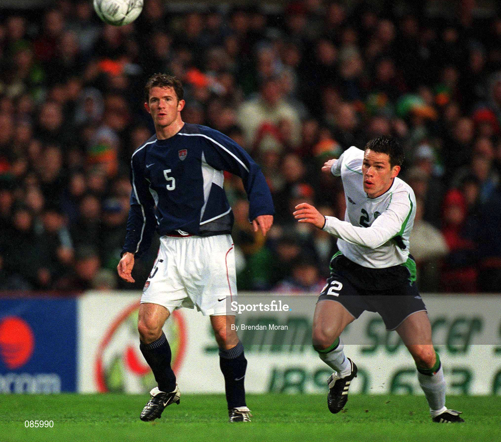 17 April 2002; John O'Brien of USA in action against Steve Finnan of Republic of Ireland during the International Friendly match between Republic of Ireland and USA at Lansdowne Road in Dublin. Photo by Brendan Moran/Sportsfile