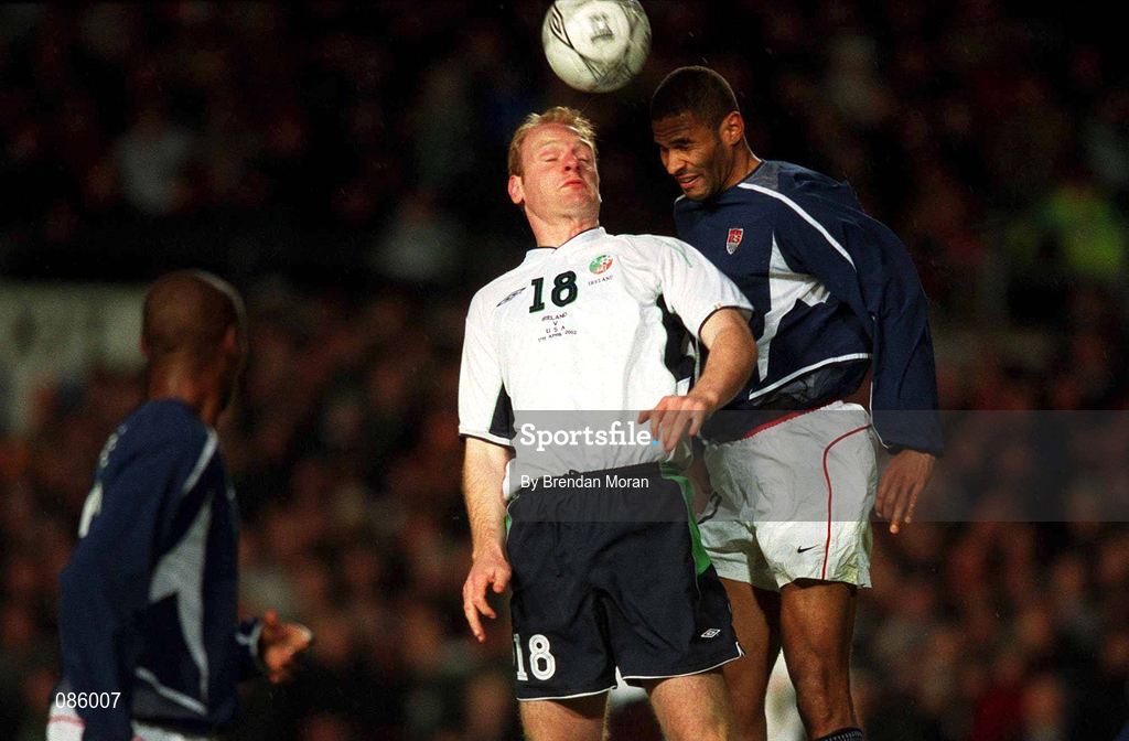 17 April 2002; Gary Doherty of Republic of Ireland in action against Chris Armas of USA during the International Friendly match between Republic of Ireland and USA at Lansdowne Road in Dublin. Photo by Brendan Moran/Sportsfile