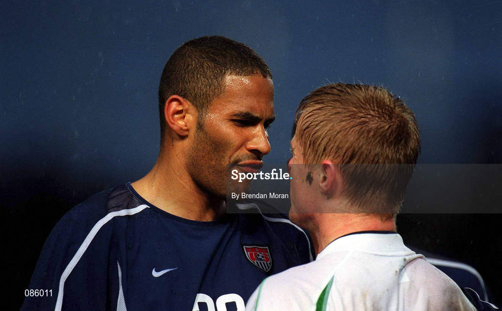 17 April 2002; Tony Sanneh of USA has words with Damien Duff of Republic of Ireland during the International Friendly match between Republic of Ireland and USA at Lansdowne Road in Dublin. Photo by Brendan Moran/Sportsfile