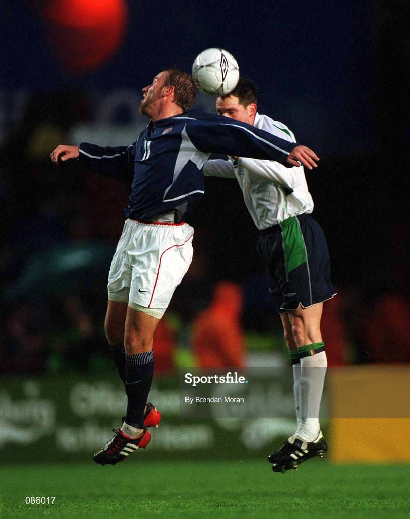 17 April 2002; Clint Mathis of USA in action against Steve Finnan of Republic of Ireland during the International Friendly match between Republic of Ireland and USA at Lansdowne Road in Dublin. Photo by Brendan Moran/Sportsfile