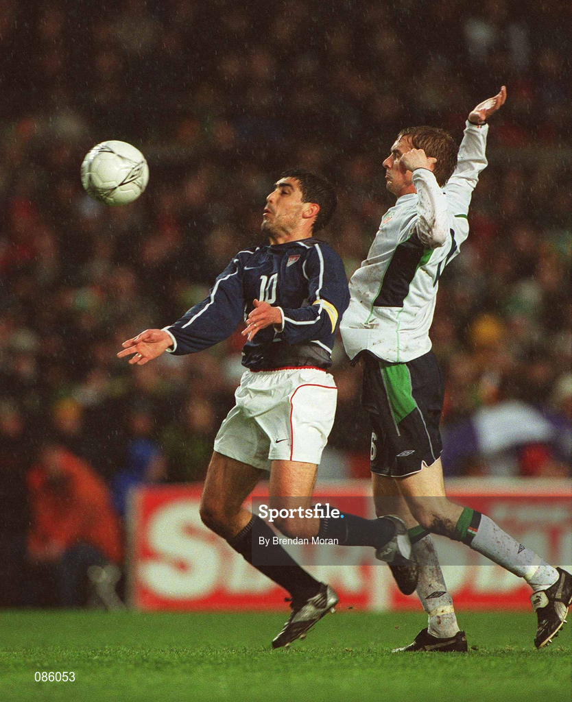 17 April 2002; Claudio Reyna of USA in action against Colin Healy of Republic of Ireland during the International Friendly match between Republic of Ireland and USA at Lansdowne Road in Dublin. Photo by Brendan Moran/Sportsfile
