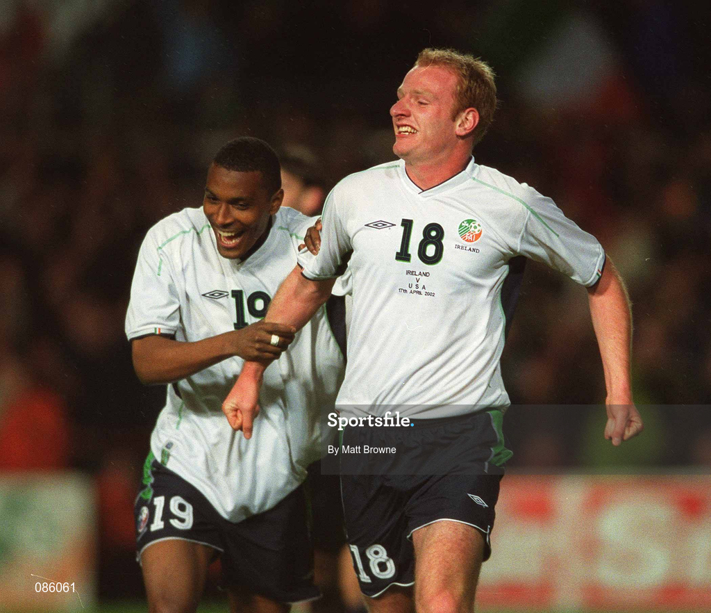 17 April 2002; Gary Doherty of Republic of Ireland celebrates with team-mate Clinton Morrison, left, after scoring his side's second goal during the International Friendly match between Republic of Ireland and USA at Lansdowne Road in Dublin. Photo by Matt Browne/Sportsfile