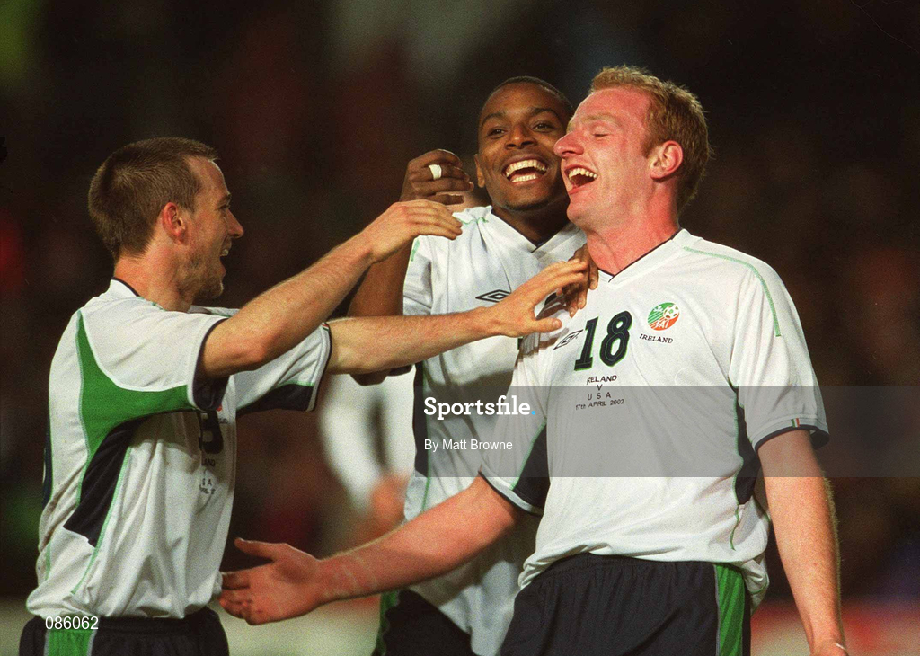17 April 2002; Gary Doherty of Republic of Ireland celebrates with team-mates David Connolly, left, and Clinton Morrison, behind, after scoring his side's second goal during the International Friendly match between Republic of Ireland and USA at Lansdowne Road in Dublin. Photo by Matt Browne/Sportsfile