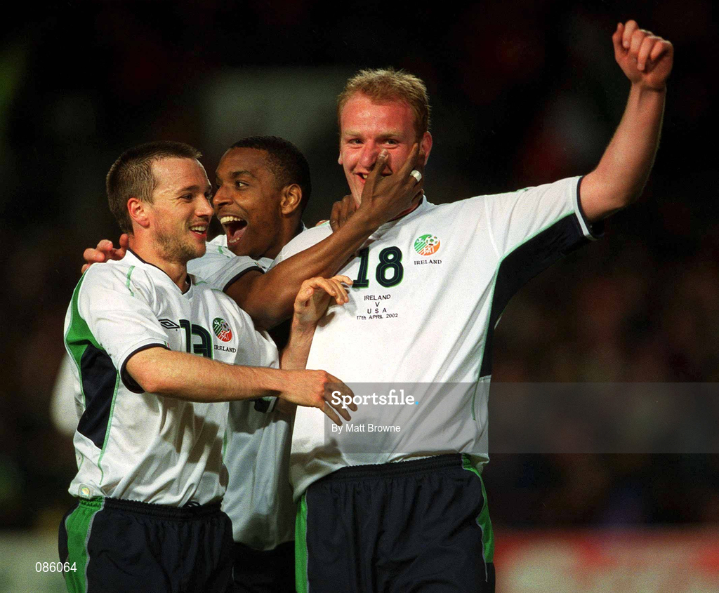 17 April 2002; Gary Doherty of Republic of Ireland, right, celebrates with team-mates David Connolly, left, and Clinton Morrison after scoring his side's second goal during the International Friendly match between Republic of Ireland and USA at Lansdowne Road in Dublin. Photo by Matt Browne/Sportsfile