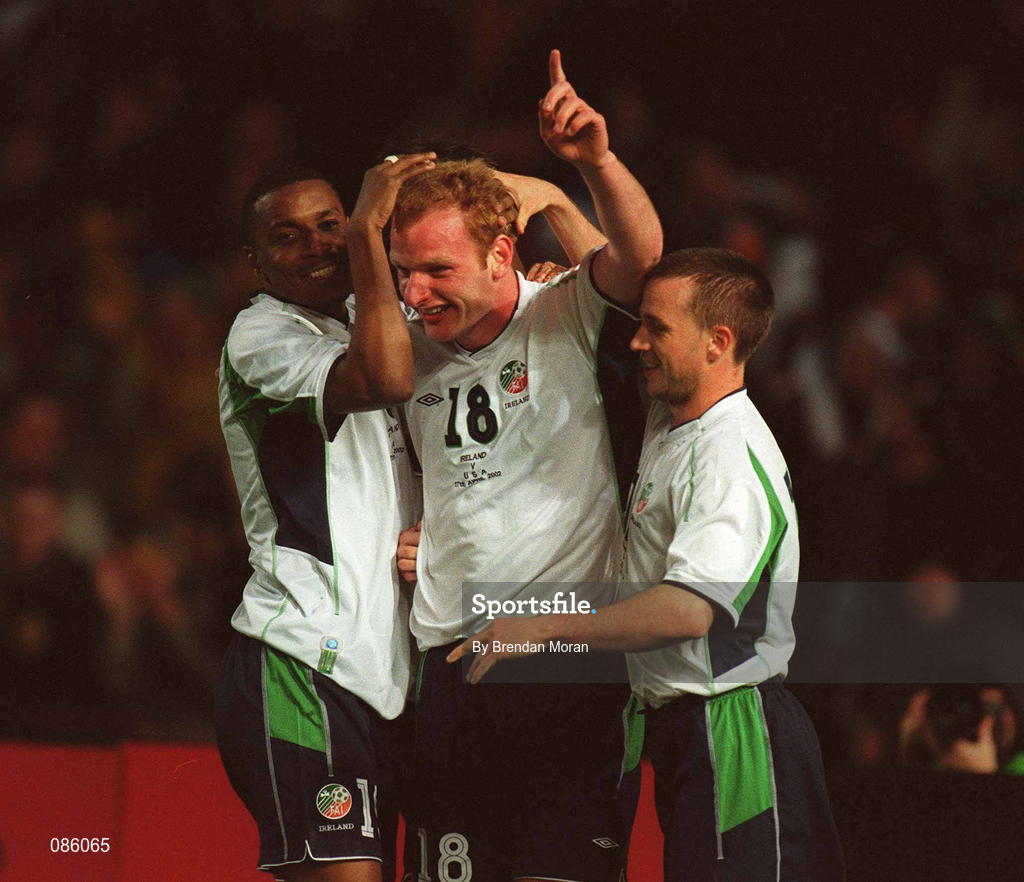 17 April 2002; Gary Doherty of Republic of Ireland, 18, celebrates with team-mates Clinton Morrison, left, and David Connolly after scoring during the International Friendly match between Republic of Ireland and USA at Lansdowne Road in Dublin. Photo by Brendan Moran/Sportsfile