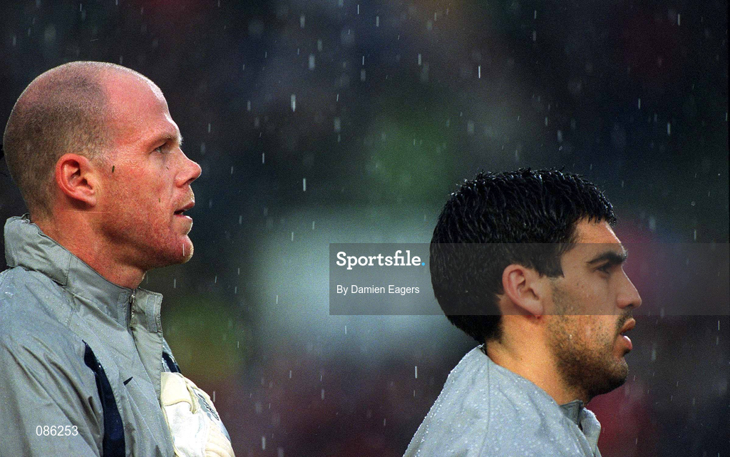 17 April 2002; The USA goalkeeper Brad Friedel, left, and captain Claudio Reyna during the national anthem prior to the International Friendly match between Republic of Ireland and USA at Lansdowne Road in Dublin. Photo by Damien Eagers/Sportsfile