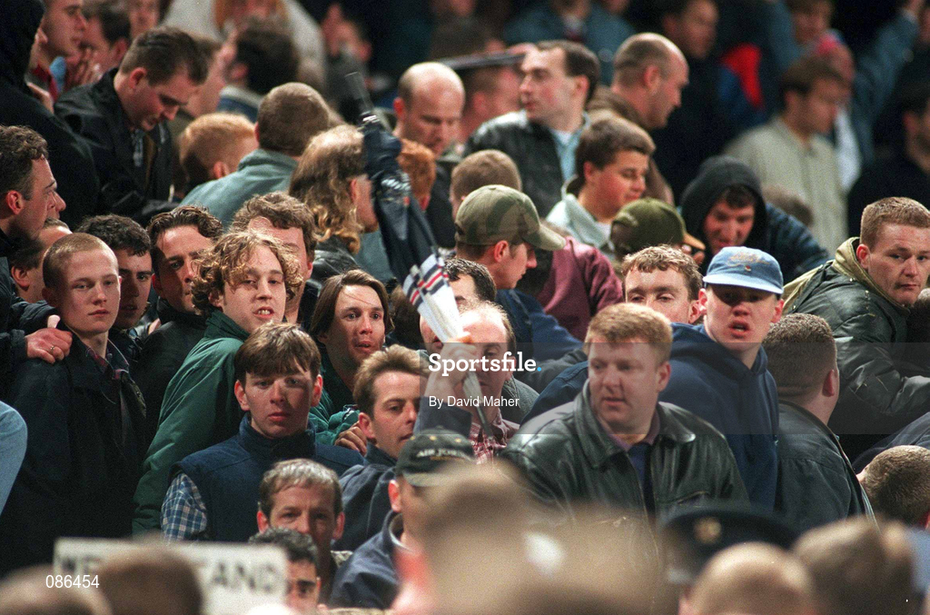 15 February 1995; England fans in the Lower West Stand after the match was abandoned at the International Friendly match between Republic of Ireland and England at Lansdowne Road in Dublin. Photo by David Maher/Sportsfile