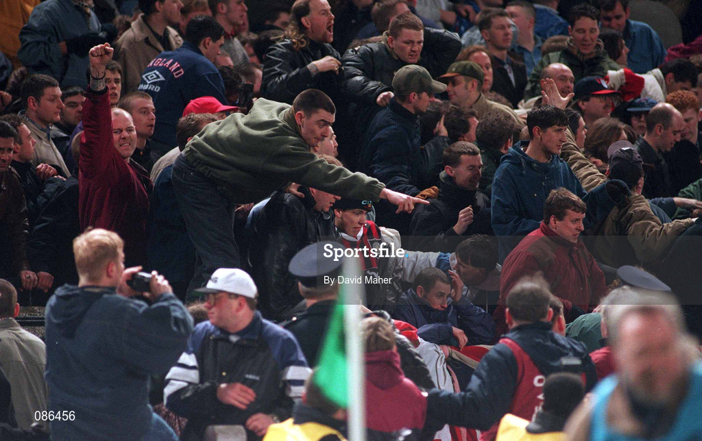 15 February 1995; England fans after the match was abandoned at the International Friendly match between Republic of Ireland and England at Lansdowne Road in Dublin. Photo by David Maher/Sportsfile