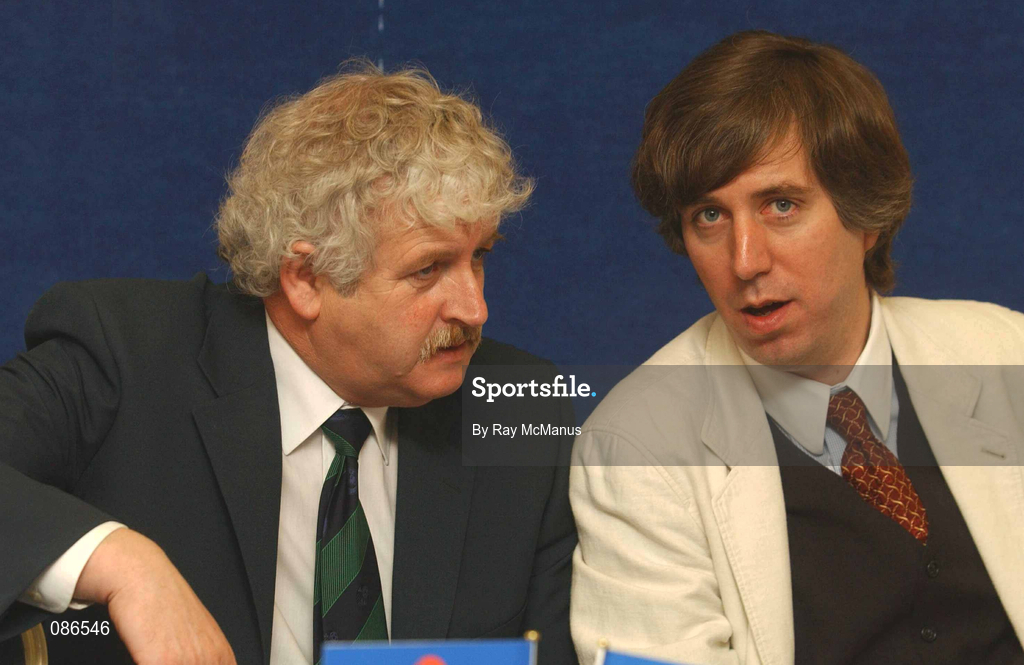 27 April 2002; FAI President Milo Corcoran, left, and Treasurer John Delaney prior to the eircom League AGM at the Red Cow Moran's Hotel in Dublin. Photo by Ray McManus/Sportsfile