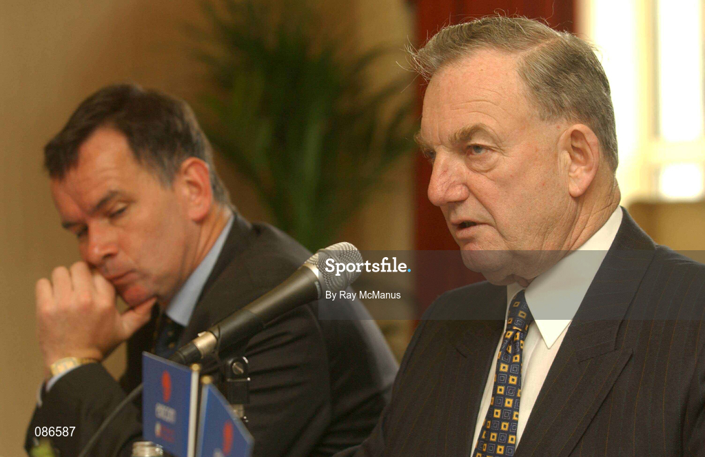 27 April 2002; Michael Hyland, eircom League Chairman and Commissionaire Roy Dooney, left, during the eircom League AGM at the Red Cow Moran's Hotel in Dublin. Photo by Ray McManus/Sportsfile