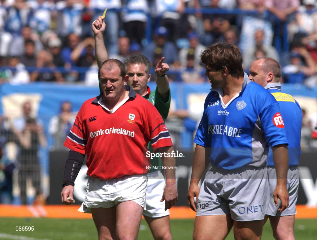 27 April 2002; Peter Clohessy of Munster and Eric Artiguste of Castres are sin binned by referee Chris White during the Heineken European Cup Semi-Final match between Castres and Munster at Stade de la Mediterranie in Beziers, France. Photo by Matt Browne/Sportsfile