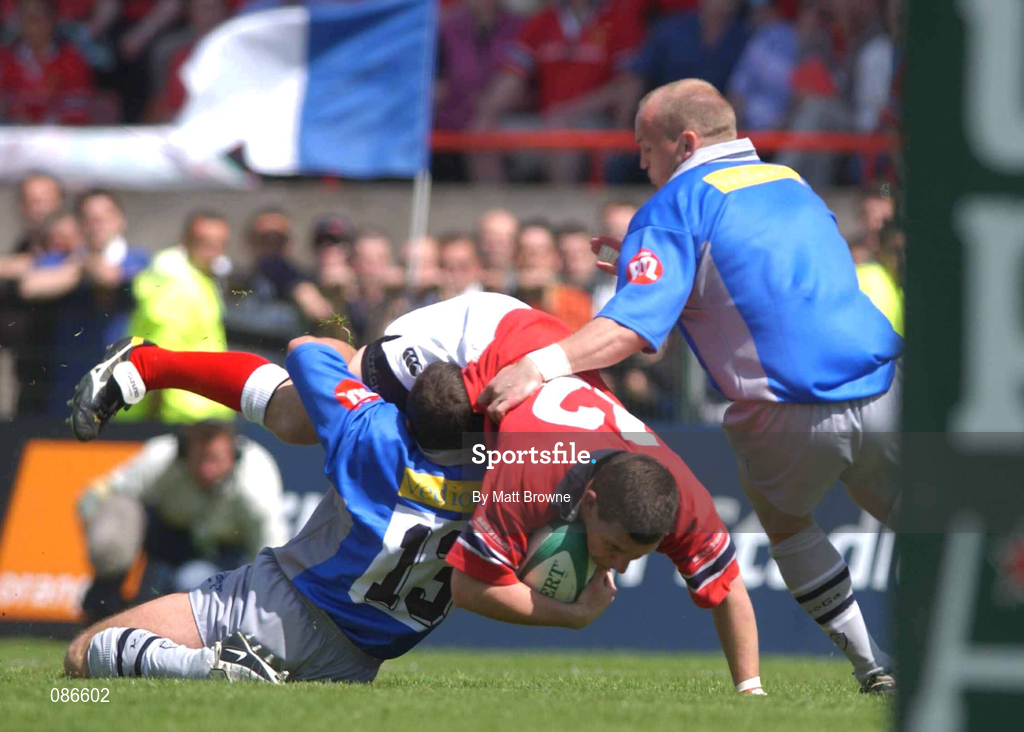 27 April 2002; Jason Holland of Munster is tackled by Eric Artiguste, 13, and Gregor Townsend of Castres during the Heineken European Cup Semi-Final match between Castres and Munster at Stade de la Mediterranie in Beziers, France. Photo by Matt Browne/Sportsfile