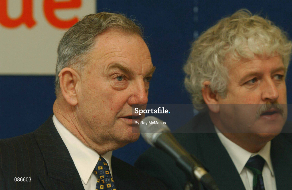 27 April 2002; eircom League Chairman Michael Hyland and FAI President Milo Corcoran, right, during the eircom League AGM at the Red Cow Moran's Hotel in Dublin. Photo by Ray McManus/Sportsfile