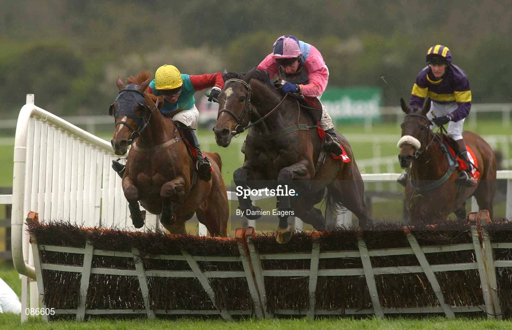 27 April 2002; One Night out, with David Casey up, (pink), clears the last ahead of Hill Port, with Sean McDermott up, on their way to winning the RFL Steel Novice Hurdle at Punchestown Racecourse in Naas, Kildare. Photo by Damien Eagers/Sportsfile