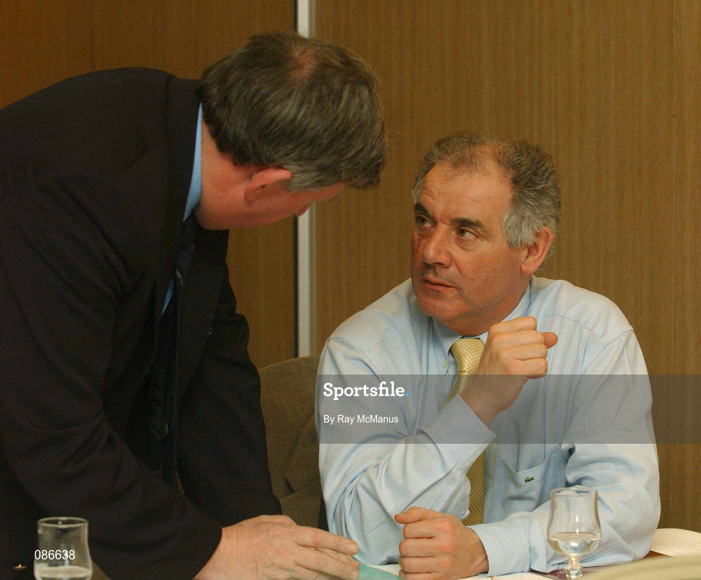 27 April 2002; Joe Colwell of Shamrock Rovers, right, and Ollie Byrne of Shelbourne during the eircom League AGM at the Red Cow Moran's Hotel in Dublin. Photo by Ray McManus/Sportsfile