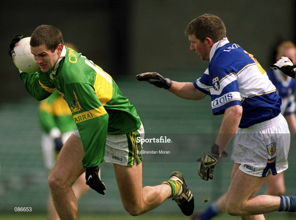 28 April 2002; Eoin Brosnan of Kerry in action against Derek Conroy of Laois during the Allianz National Football League Division 2 Final match between Kerry and Laois at the Gaelic Grounds in Limerick. Photo by Brendan Moran/Sportsfile