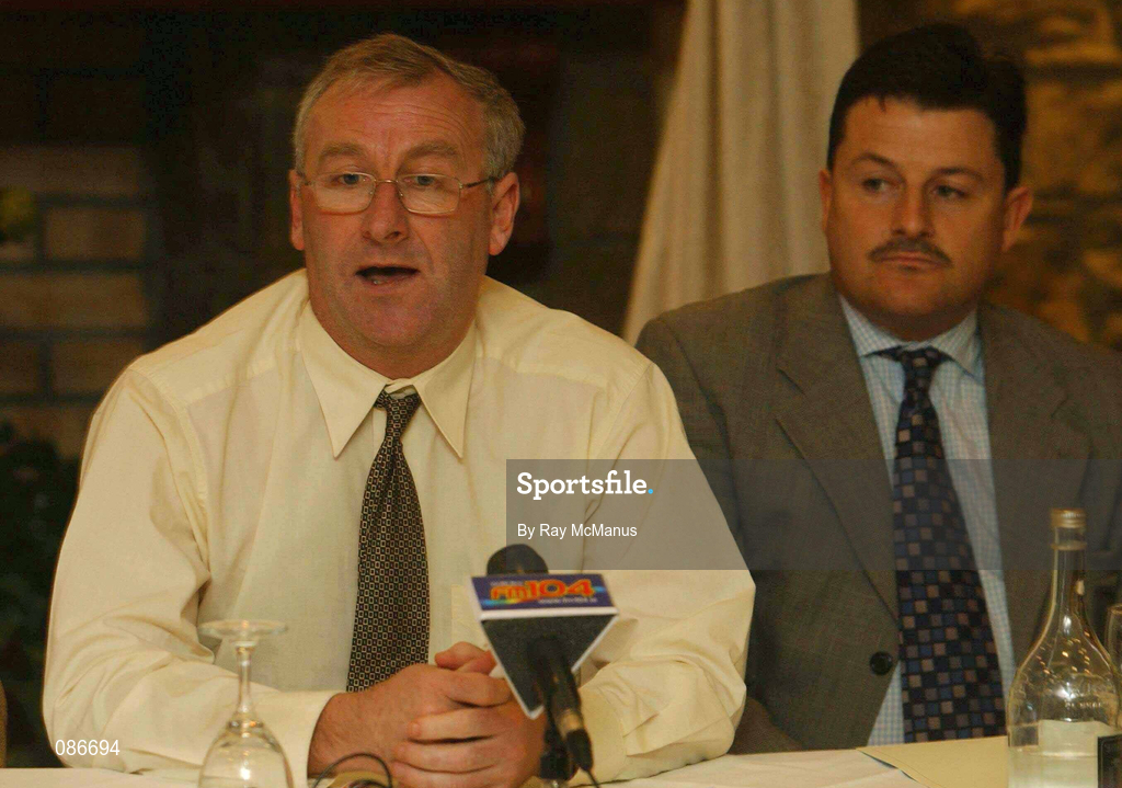 28 April 2002; Newly appointed Kildare County FC manager Dermot Keely, left, and his assistant John Gill during a press conference. Photo by Ray McManus/Sportsfile