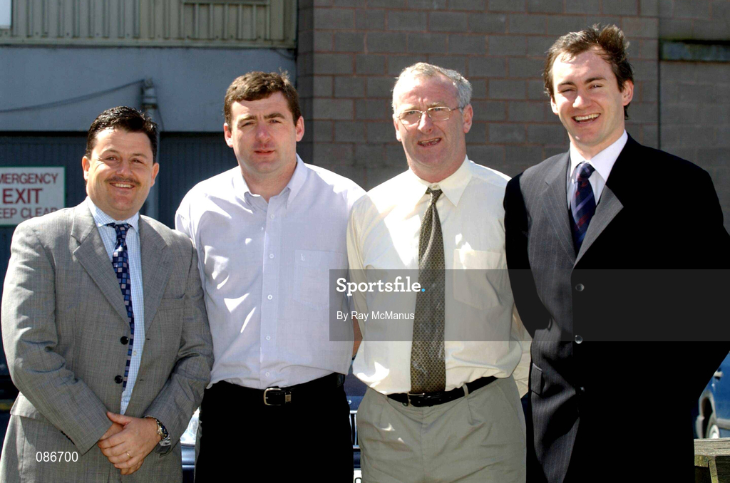 28 April 2002; Newly appointed Kildare County FC manager Dermot Keely, second from right, with his assistant John Gill, left, and John Ryan and Gareth Byrne, riight, after a press conference. Photo by Ray McManus/Sportsfile