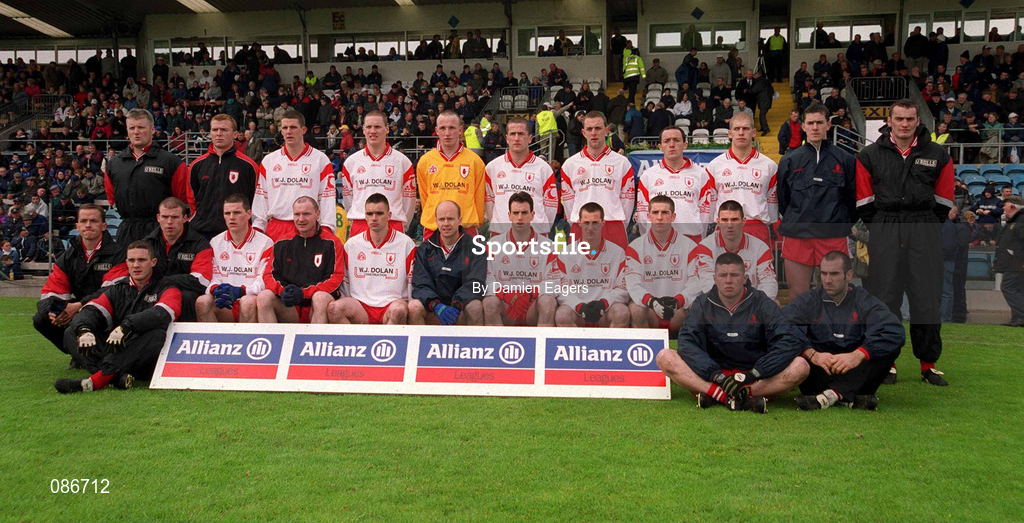 28 April 2002; The Tyrone squad prior to the Allianz National Football League Division 1 Final match between Tyrone and Cavan at St Tiernach's Park in Clones, Monaghan. Photo by Damien Eagers/Sportsfile