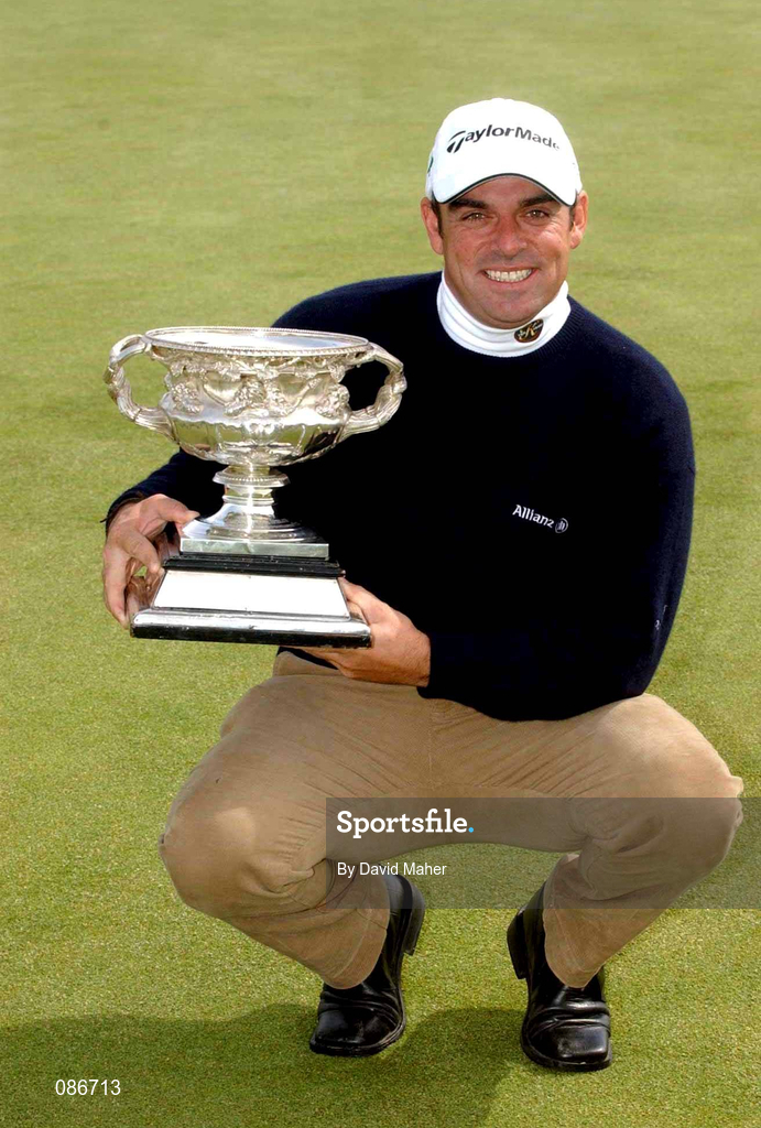 28 April 2002; Paul McGinley with the trophy after winning the Smurfit Irish PGA Championship, after the final round was abandoned due to bad weather, on day four of the Smurfit Irish PGA Championship at Westport Golf Club in Westport, Mayo. Photo by David Maher/Sportsfile
