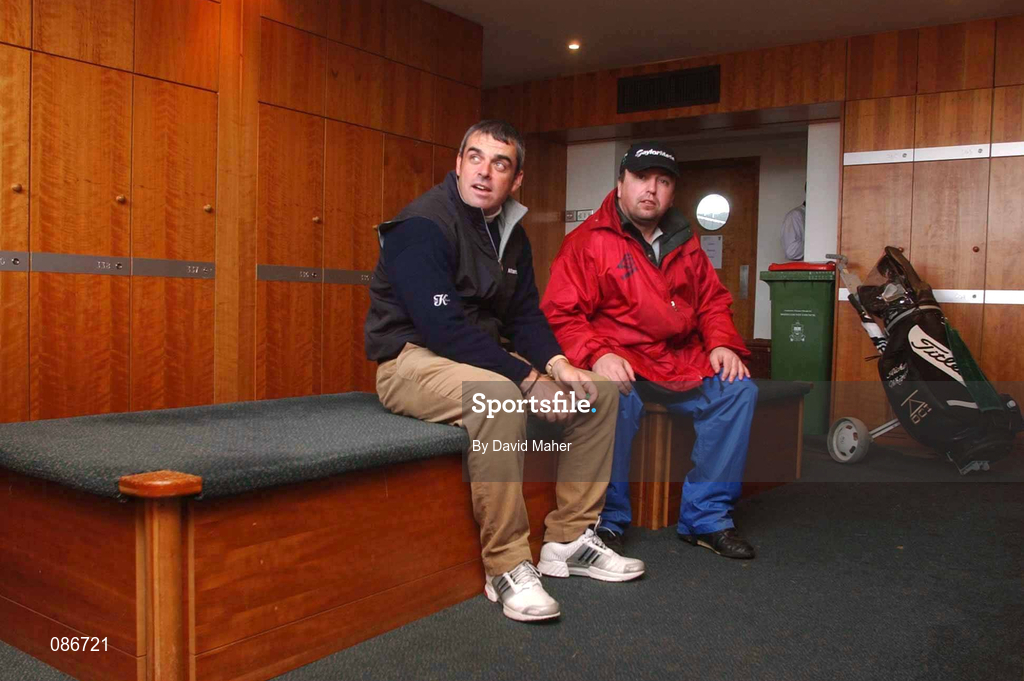 28 April 2002; Paul McGinley, left, eventual winner of the Smurfit Irish PGA Championship, sits in the locker room with his caddy Dean Gallagher while play was suspended and eventually abandoned on day four of the Smurfit Irish PGA Championship at Westport Golf Club in Westport, Mayo. Photo by David Maher/Sportsfile