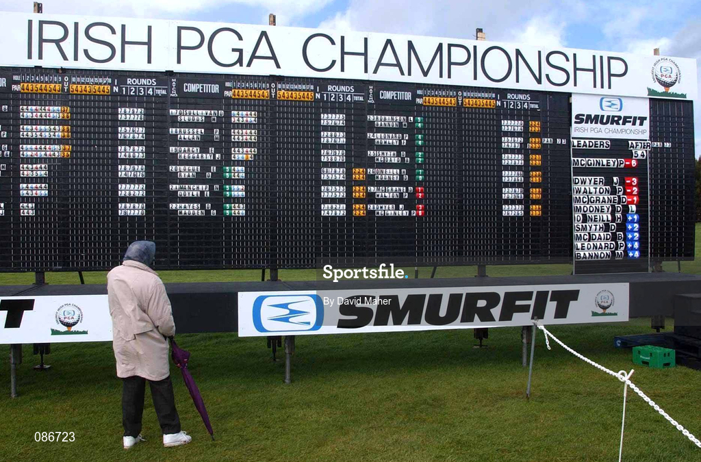 28 April 2002; A Spectator views the leaderboard after the final round was abandoned due to bad weather on day four of the Smurfit Irish PGA Championship at Westport Golf Club in Westport, Mayo. Photo by David Maher/Sportsfile