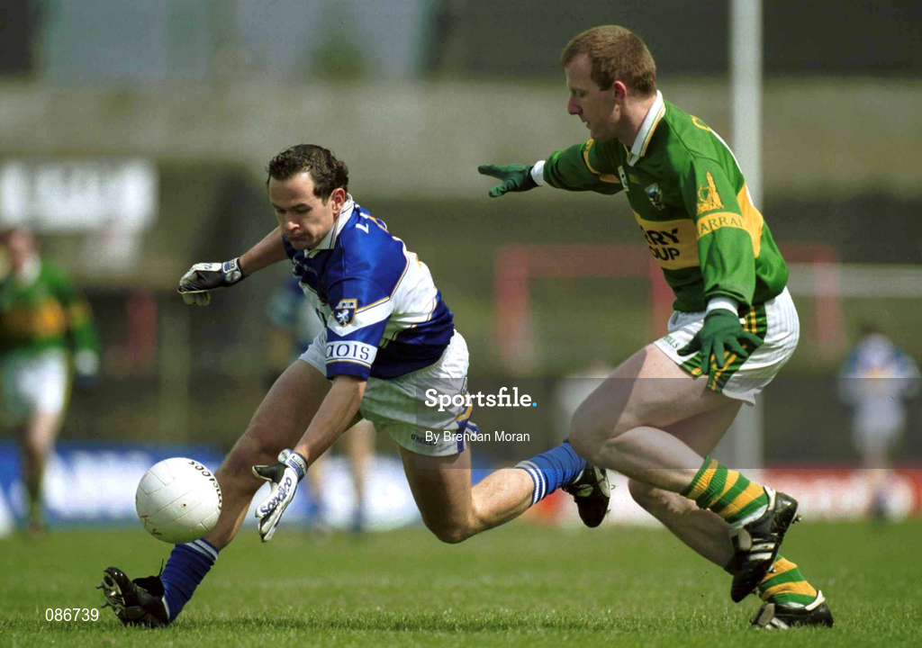 28 April 2002; Tom Kelly of Laois in action against Liam Hassett of Kerry during the Allianz National Football League Division 2 Final match between Kerry and Laois at the Gaelic Grounds in Limerick. Photo by Brendan Moran/Sportsfile