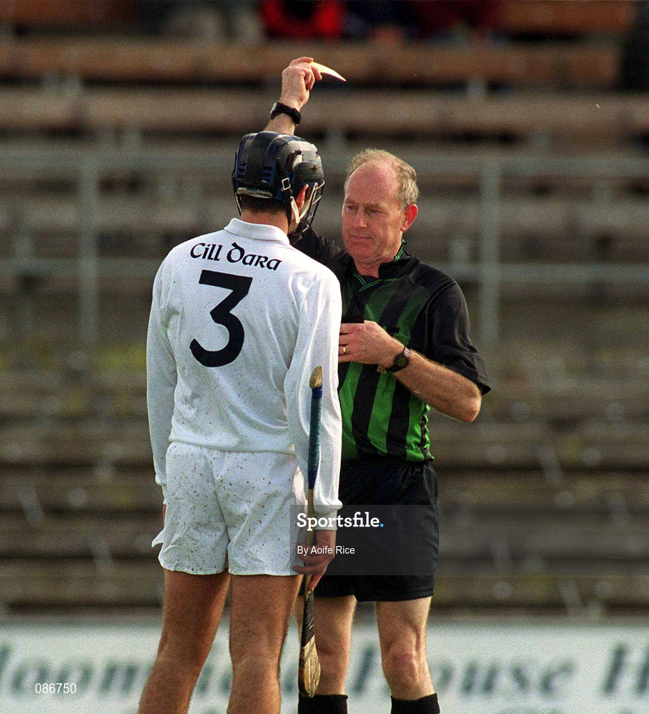 28 April 2002; John Brennan of Kildare is issued a second yellow card by referee J.A. Gribben as he is sent off during the Guinness Leinster Senior Hurling Championship First Round match between Westmeath and Kildare at Cusack Park in Mullingar, Westmeath. Photo by Aoife Rice/Sportsfile